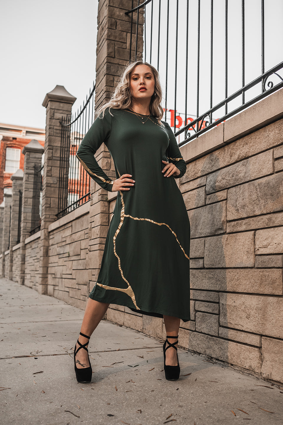 Hikari Dress Pine Green with Gold Foil