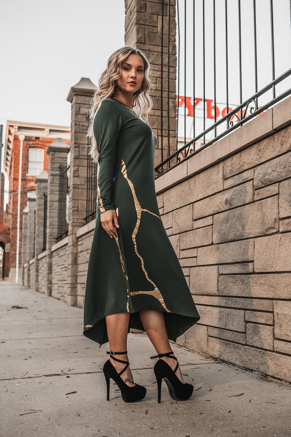 Hikari Dress Pine Green with Gold Foil