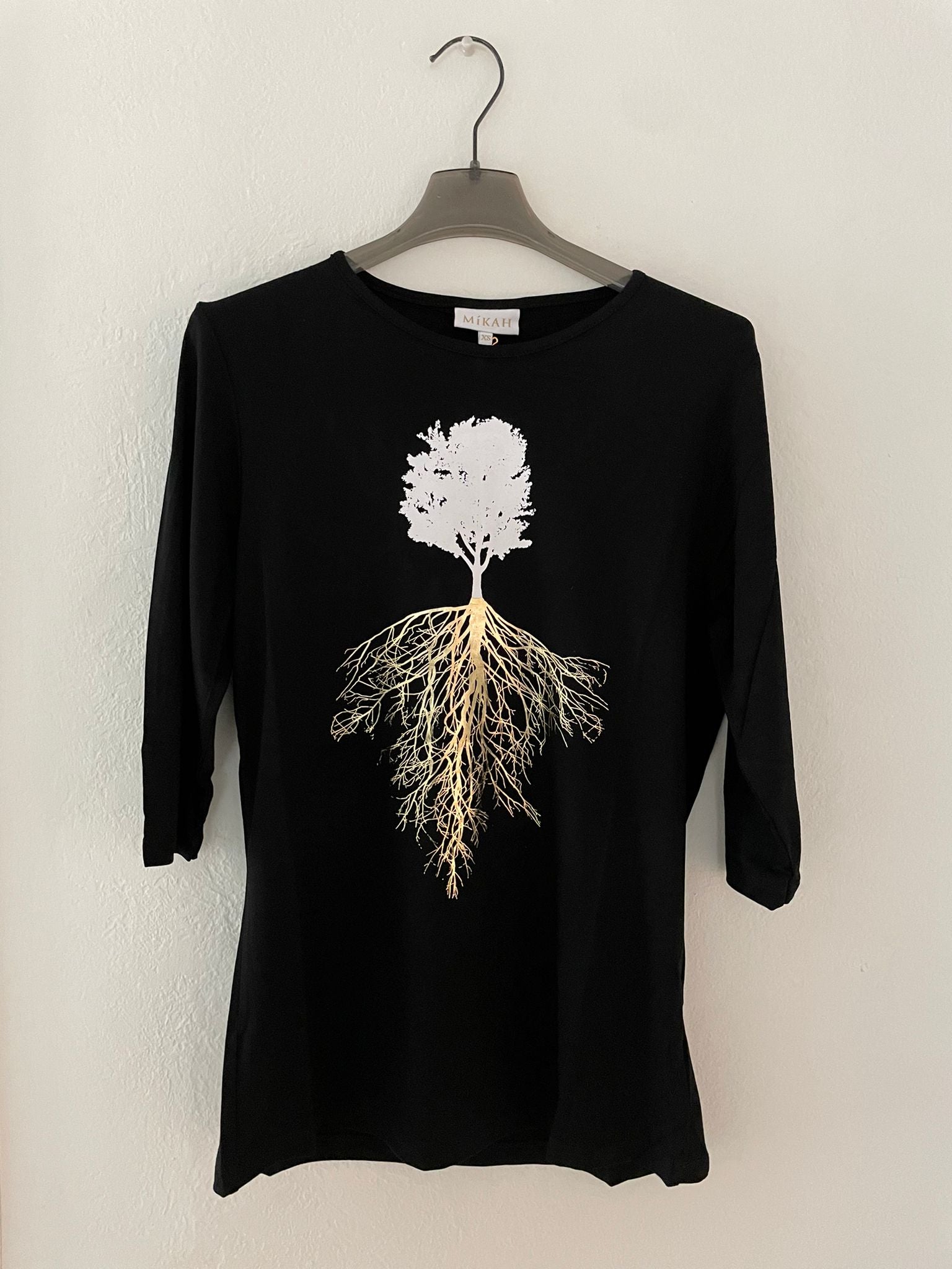 Tree T-Shirt in Black and Gold Foil 3/4 Sleeves